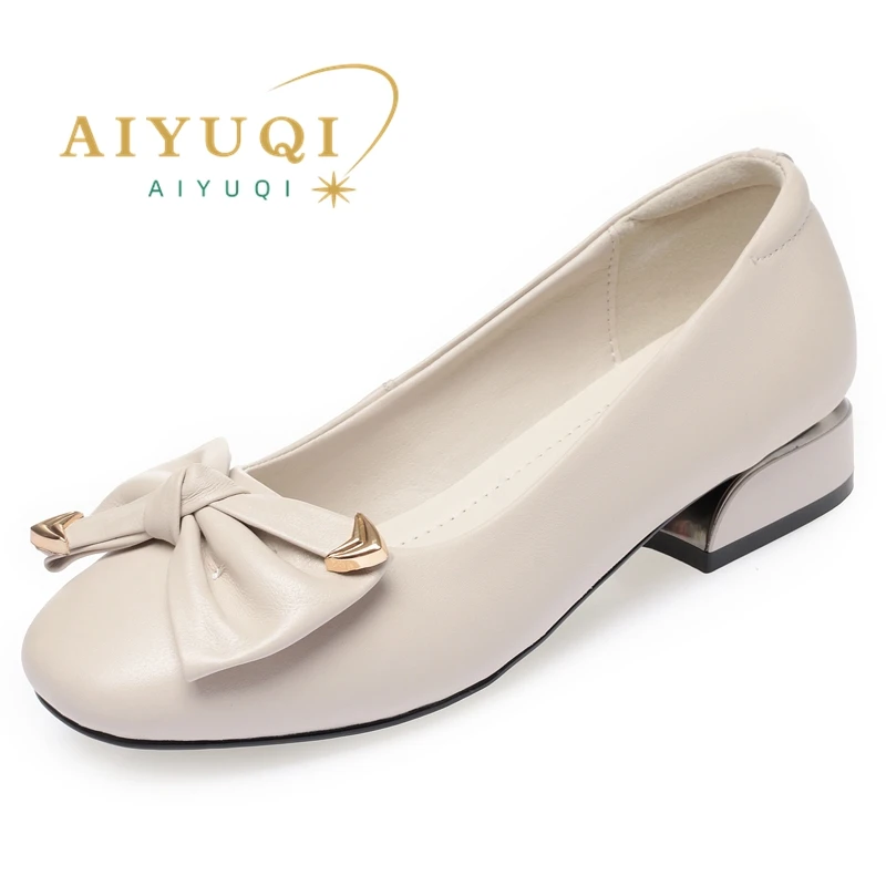 AIYUQI Women's Spring Shoes Genuine Leather Mid-heel Red Shoes Women Round Toe Shallow Bow Women Shoes