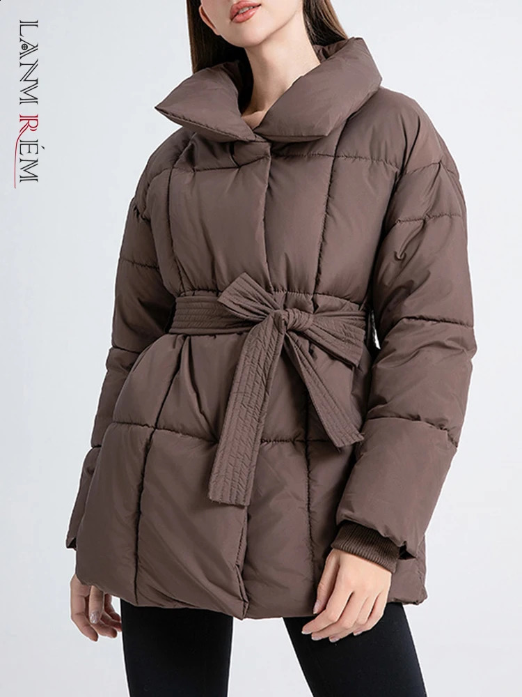 LANMREM Womens Parkas Solid Color Warm Cotton Padded Coat Jacket Belt Gathered Waist Female Fashion Winter Clothing 2DB1775 241226
