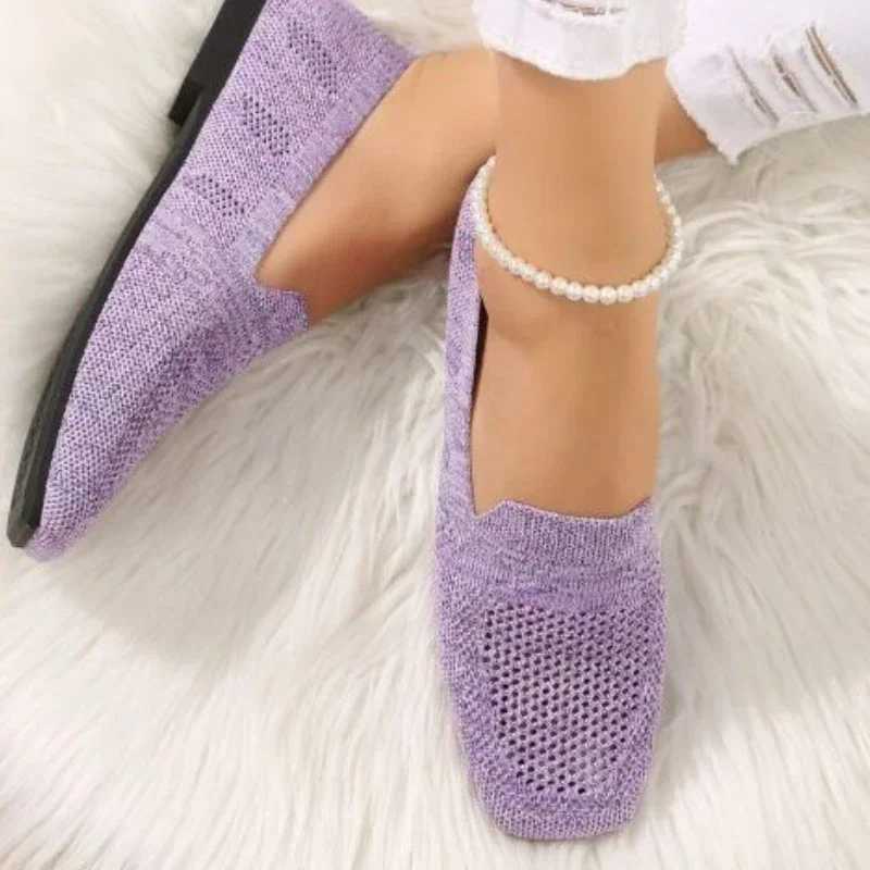High Quality Solid Color Square Toe Mesh Loafers Shallow Women Flats Shoes Soft Bottom Knit Ballet Flats Shoes Casual Slip on Boat Shoes T241227