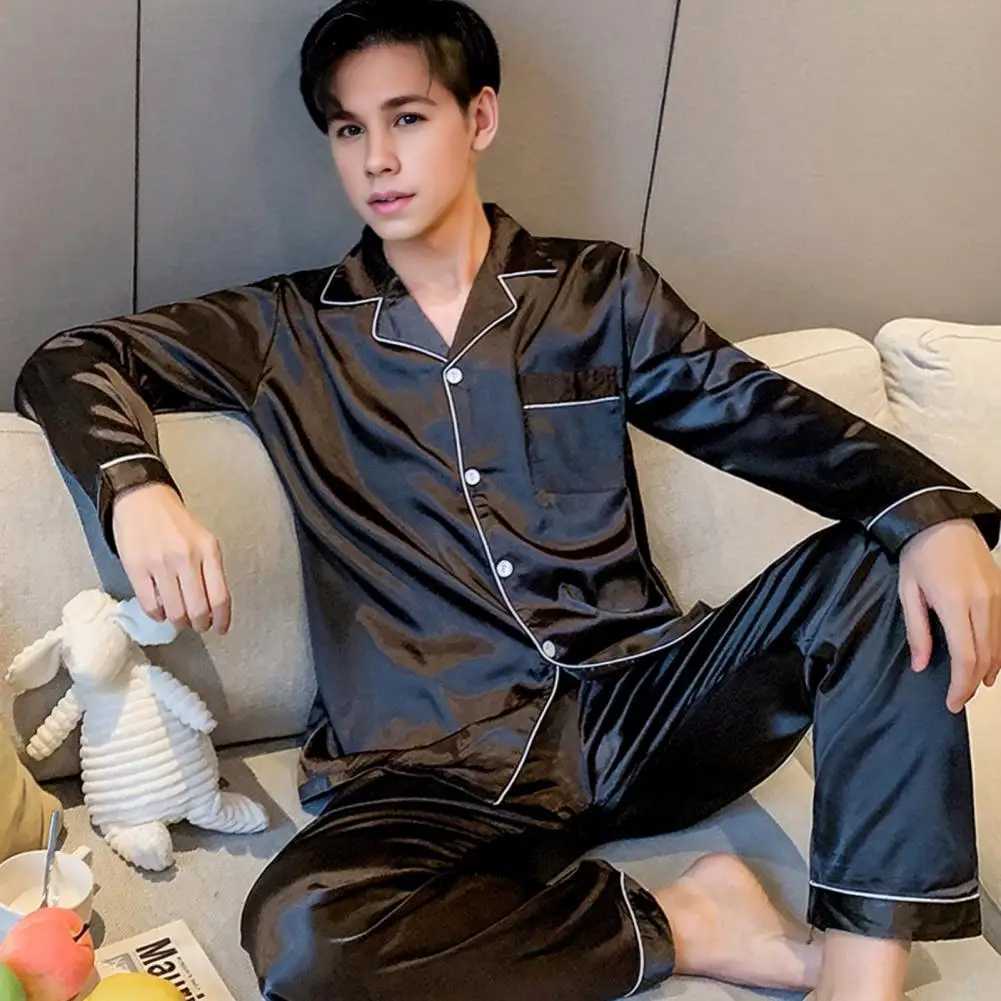2Pcs/Set Men Summer Pajama Set Lapel Long Sleeve Shirt Elastic Waist Pockets Wide Leg Pants Set Solid Color Single Breasted SleeXJ241227