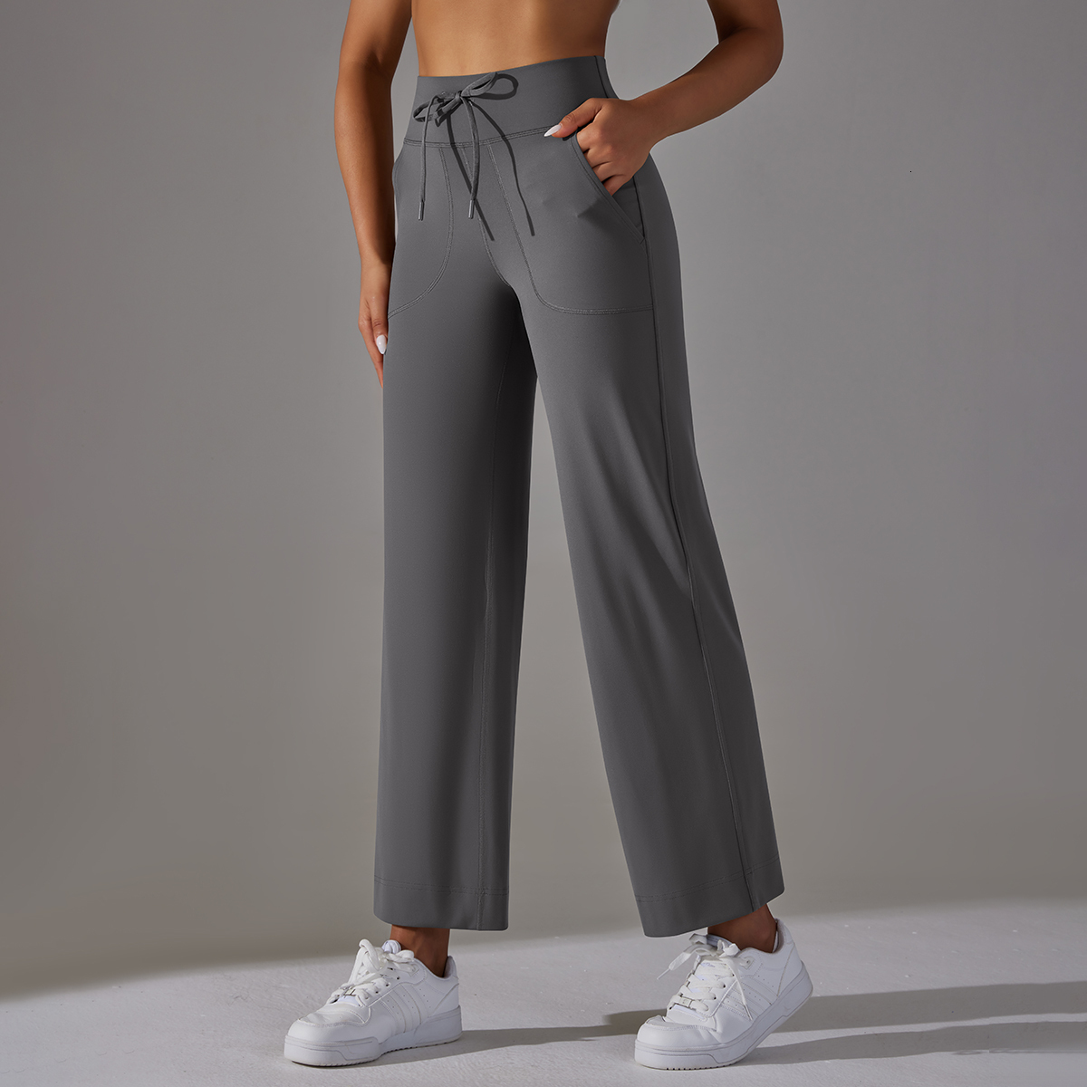 Women Wide Leg Flare Pants With Pockets Drawstring Sports Trousers High Waist Flared Yoga Leggings Fiess Running Jogg