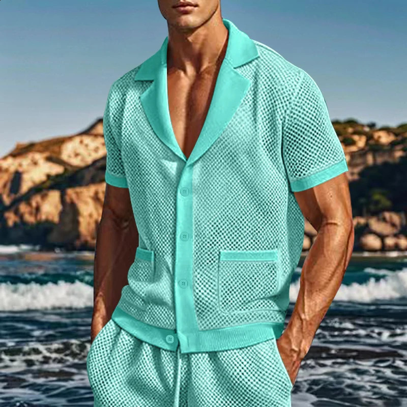 Seaside Beach Sexy Two Piece Sets Mens Fashion Hollow Out Breathable Mesh Shirts And Shorts Suits Men Daily Leisure Mesh Outfits 241226