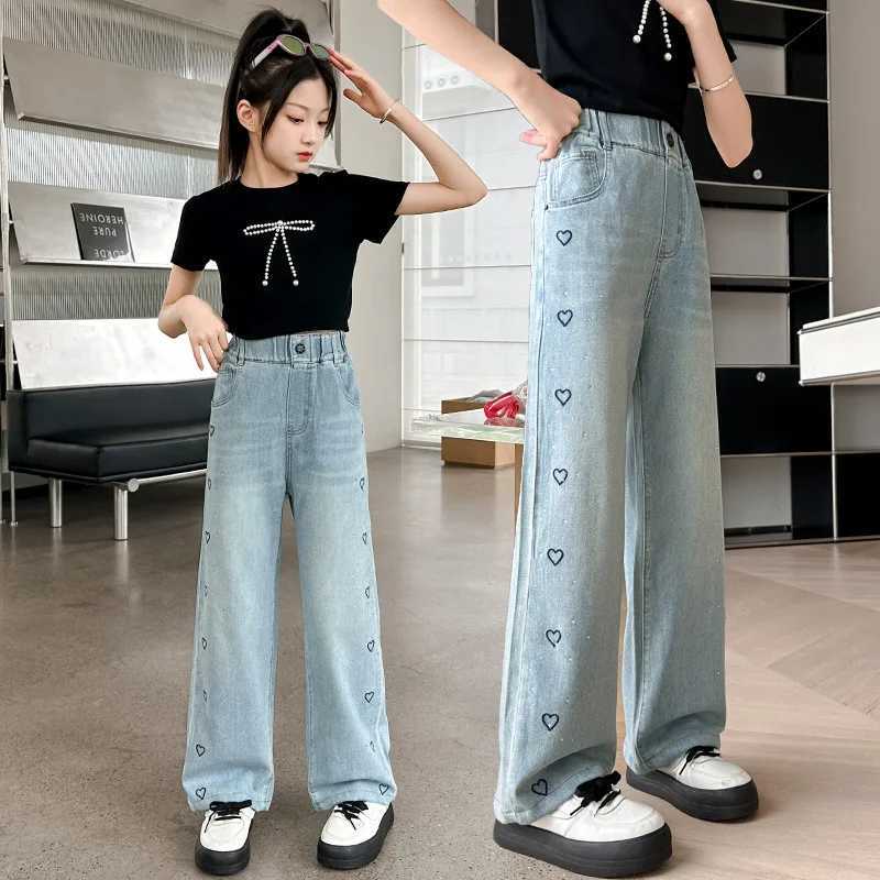 2024 Summer Teens Girl Wide-Leg Jeans Kids Embroidery Design Denim Pants Children Outwear Long Trousers Girl Clothing 4-12Years W241227