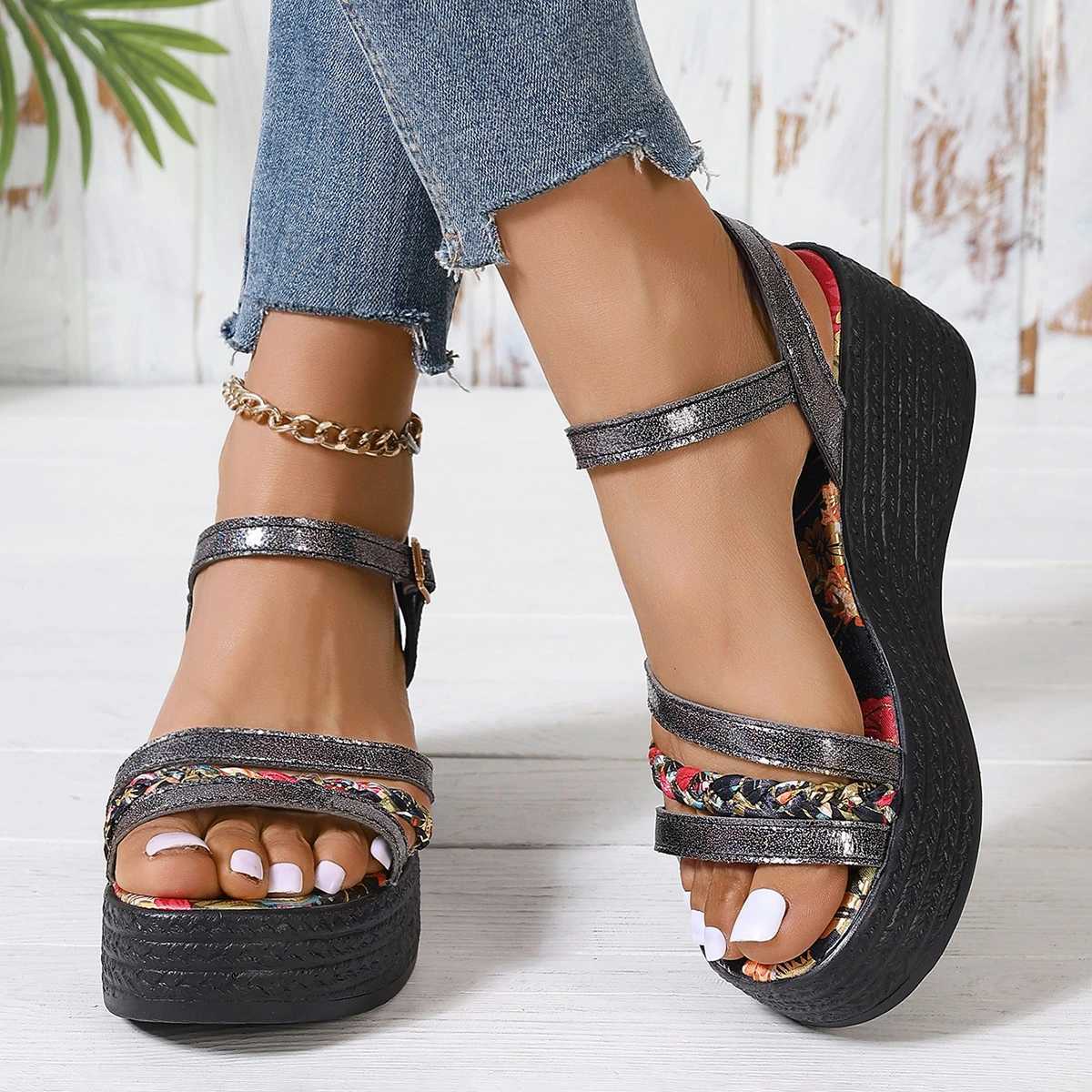 High Quality Womens Platform Wedge Sandals Summer High Heel Round Toe Comfortable Floral Woman Designer Gold Shoes Luxury Sandalias T241227