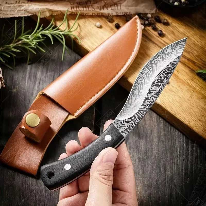 Hand forged Boning knife stainless steel meat slicer Mti steak kitchen knife feather pattern fruit peeler barbecue cooking tool Y241227