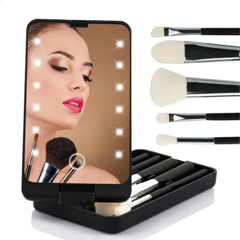 Lighted Makeup Mirror Rotatable Personal Beauty Mirror With 5 Makeup Brushes Travel Make Up Accessories Multifunctional Light Up 241223