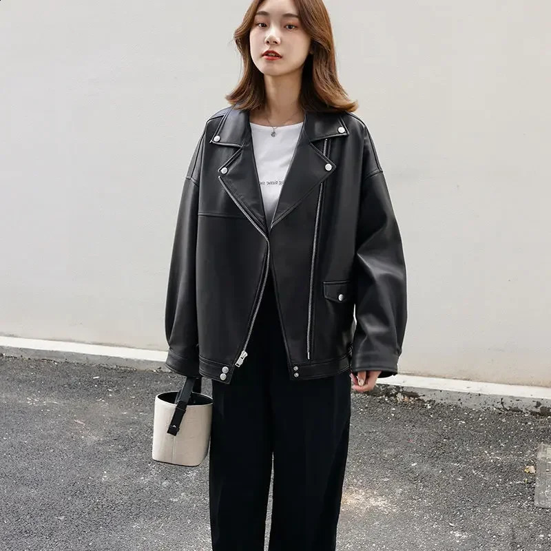 Korean n Sensibility Casual LooseFit Black Motorcycle Leather Jacket For Women Spring Autumn Versatile Slimming Plus Size 241223