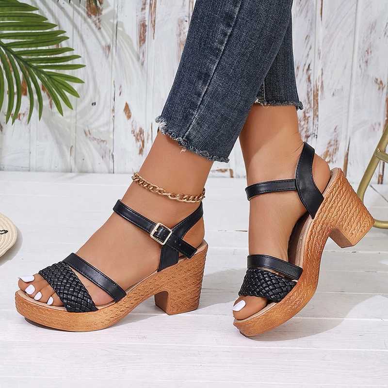 High Quality Womens Weave High Heels Sandals Summer Thick Platform Roman Sandals Woman Ankle Straps Vacation Leisure Beach Shoes T241227