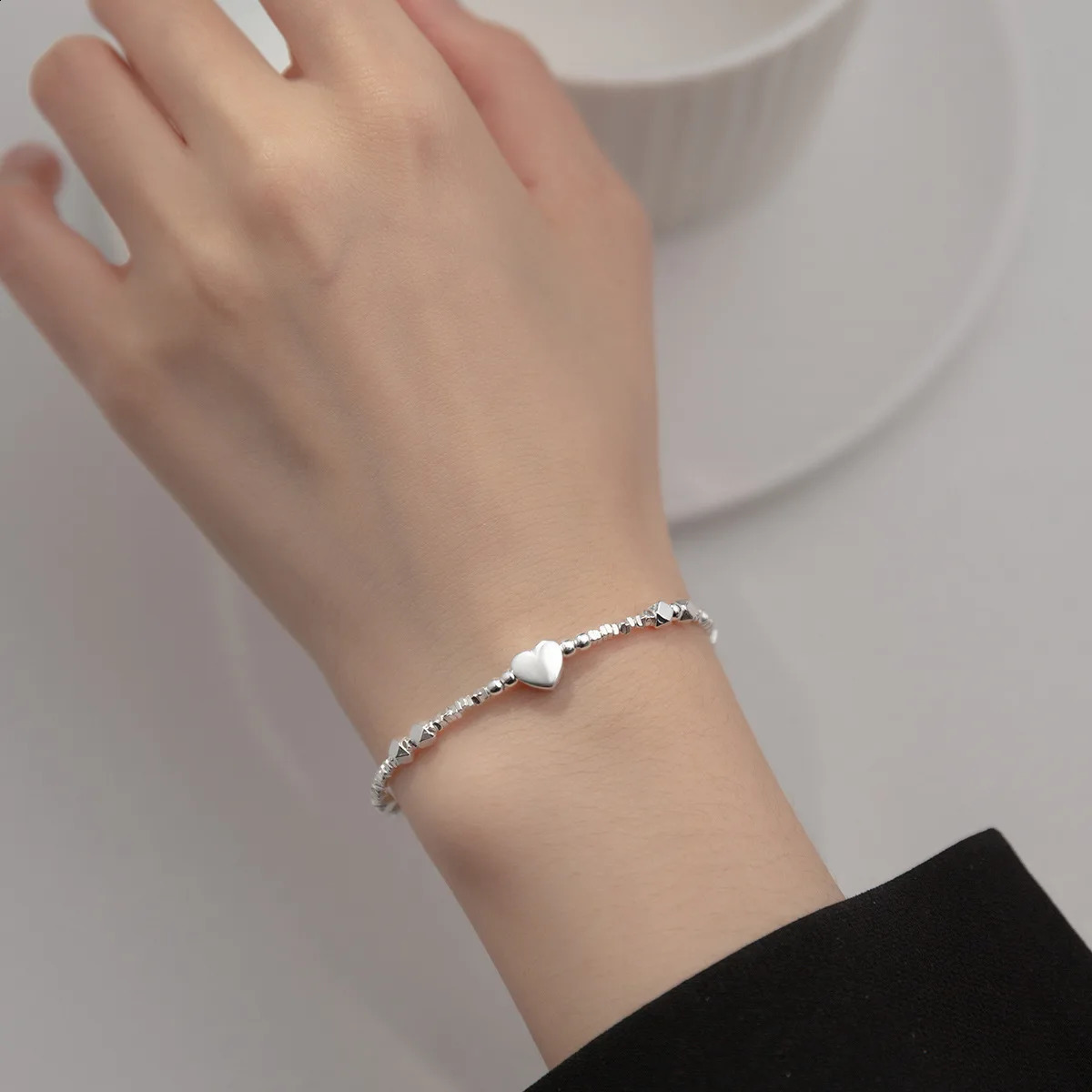 194cm Irregular Heart Anklet For Women Sweet Romantic Silver 925 ID Card Bead Bracelet Shinny Fine Jewelry 241226