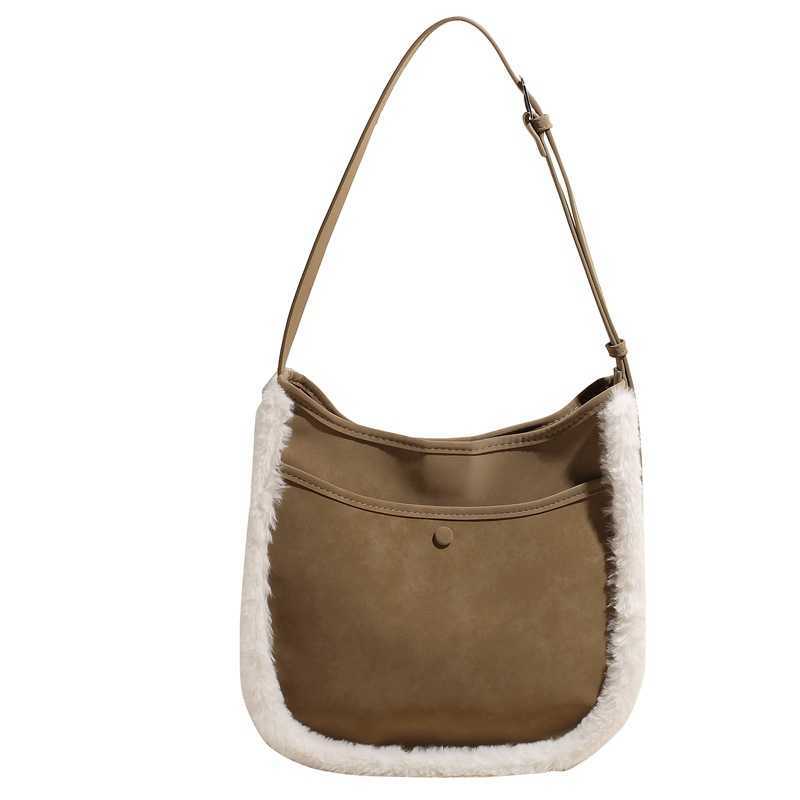 autumn winter frosted leather paired with lamb wool bucket bag, women's diagonal cross high-end feeling, large capacity tote bag 241215