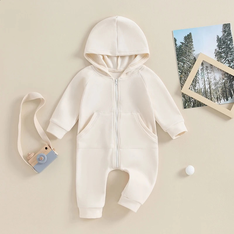 Pudcoco Fall Spring Infant Baby Clothing Boys Girls Hooded Jumpsuits For born Long Sleeve Solid Color Zip Up Rompers 241226