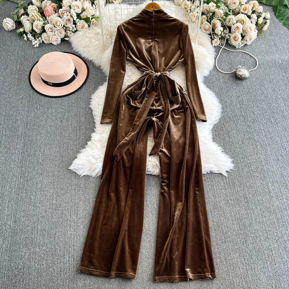 Vintage V-neck Long Sleeve Slim Bandage Top High Street High Waist Wide Leg Pants Jumpsuit Autumn Winter Women Velvet Clothing 241224