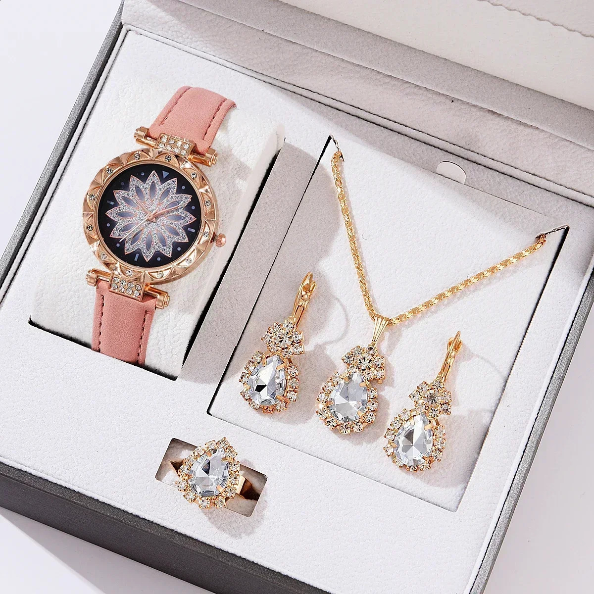 56PCS Set Rose Gold Watch Women Ring Necklace Earring Fashion Wristwatch Casual Ladies Bracelet No Box 241225