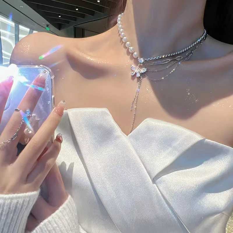 Korean Fashion Shiny Crystal Butterfly Necklace for women Multi-layer Pearl Clavicle Chain Necklace 2022 Trend Aesthetic JewelryXJ241227