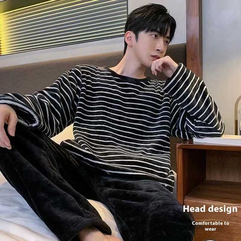Fall and Winter New Mens Warm Pajamas Homewear Suit Teen Facecloth Simple Leisure Mens Home Pajamas Warm Homewear SuitXJ241227