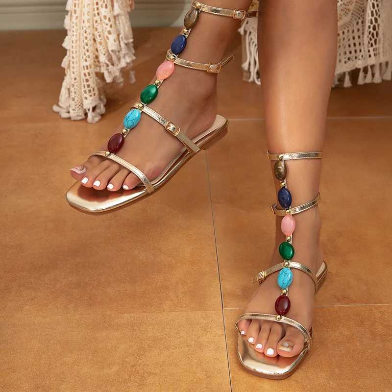 High Quality Likes Bohemian Style Casual Gladiator Sandals Women Summer Fashion Colour Gem Strap Open Toe Flat Shoes Roma Sandals For Women T241227