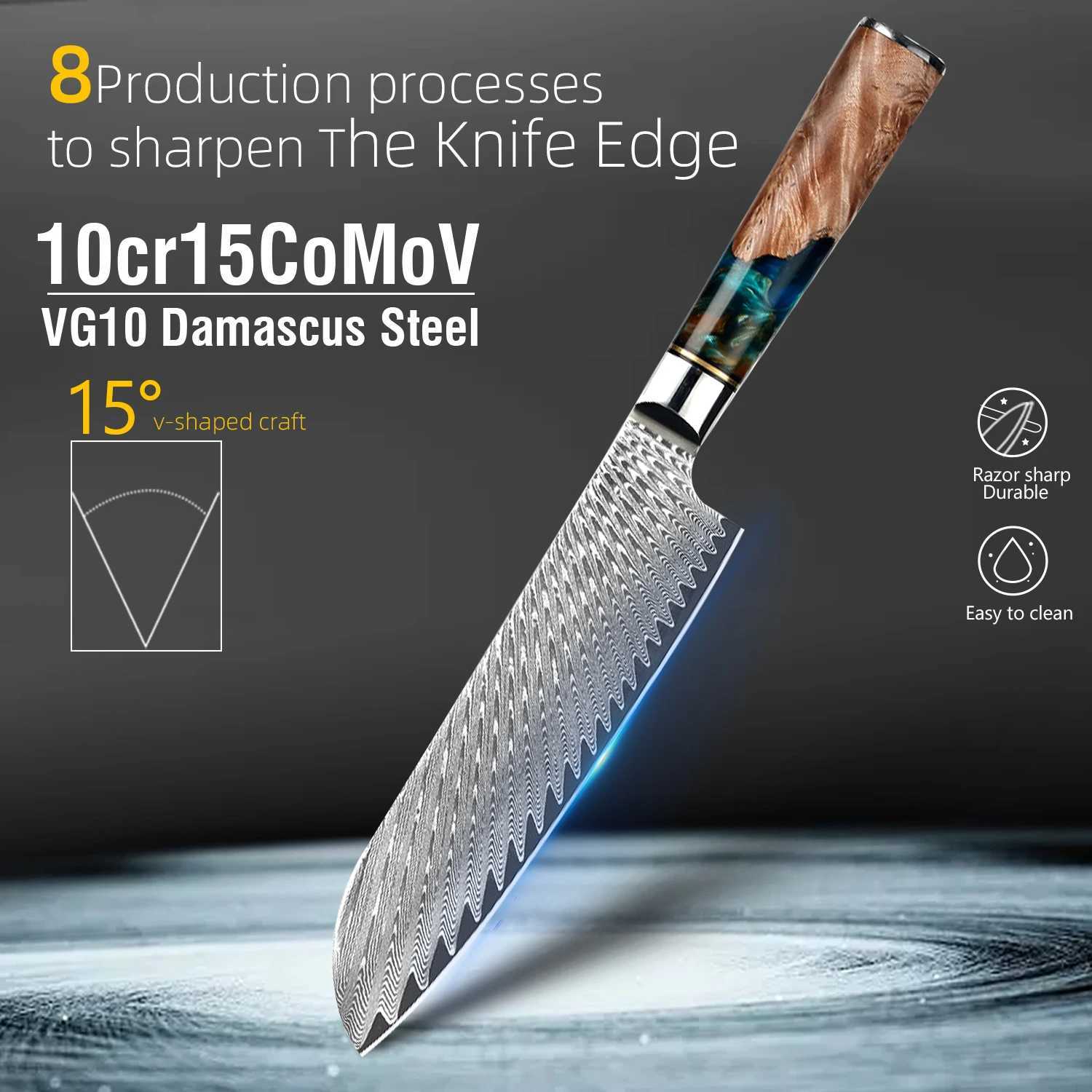 Kitchen Knife Set Damascus Steel VG10 Chef Knife Chop Side Dishes Bread Knife Blue Resin and Colorful Wood Handle Set Y241227