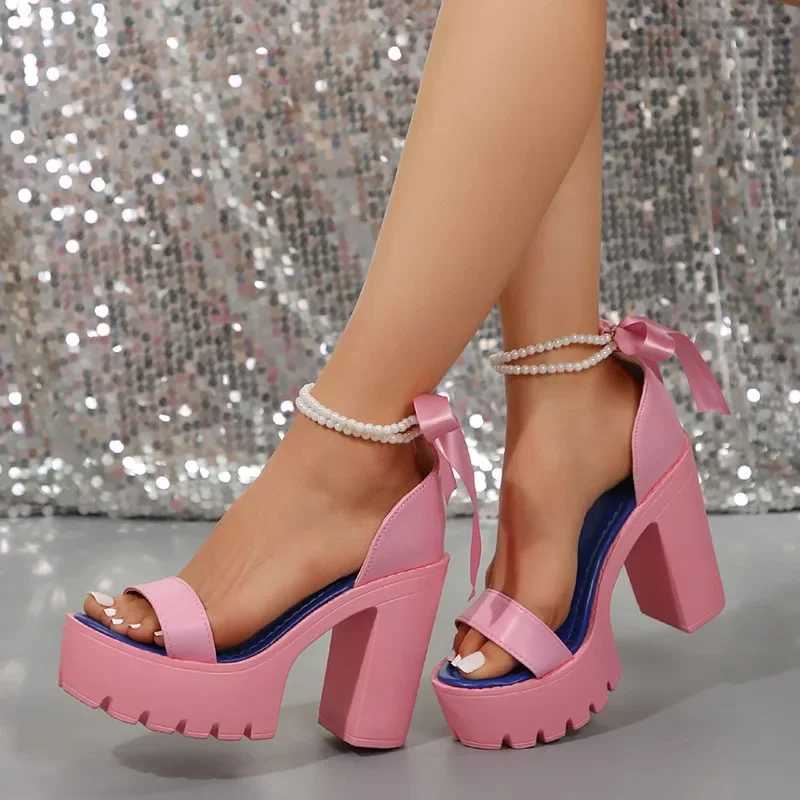 High Quality Summer Chunky Heels Sandals for Women Temperament Ankle Pearl Lace Up Platform Sandals Femme Thick Block Fashion Ladies Shoes T241227