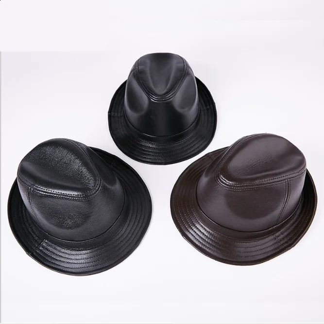 Quality Genuine Leather Hat For Mens Fashion Sheepskin Fedoras Autumn Winter Trend Elegant Jazz Cap Sombreros Brown 241226