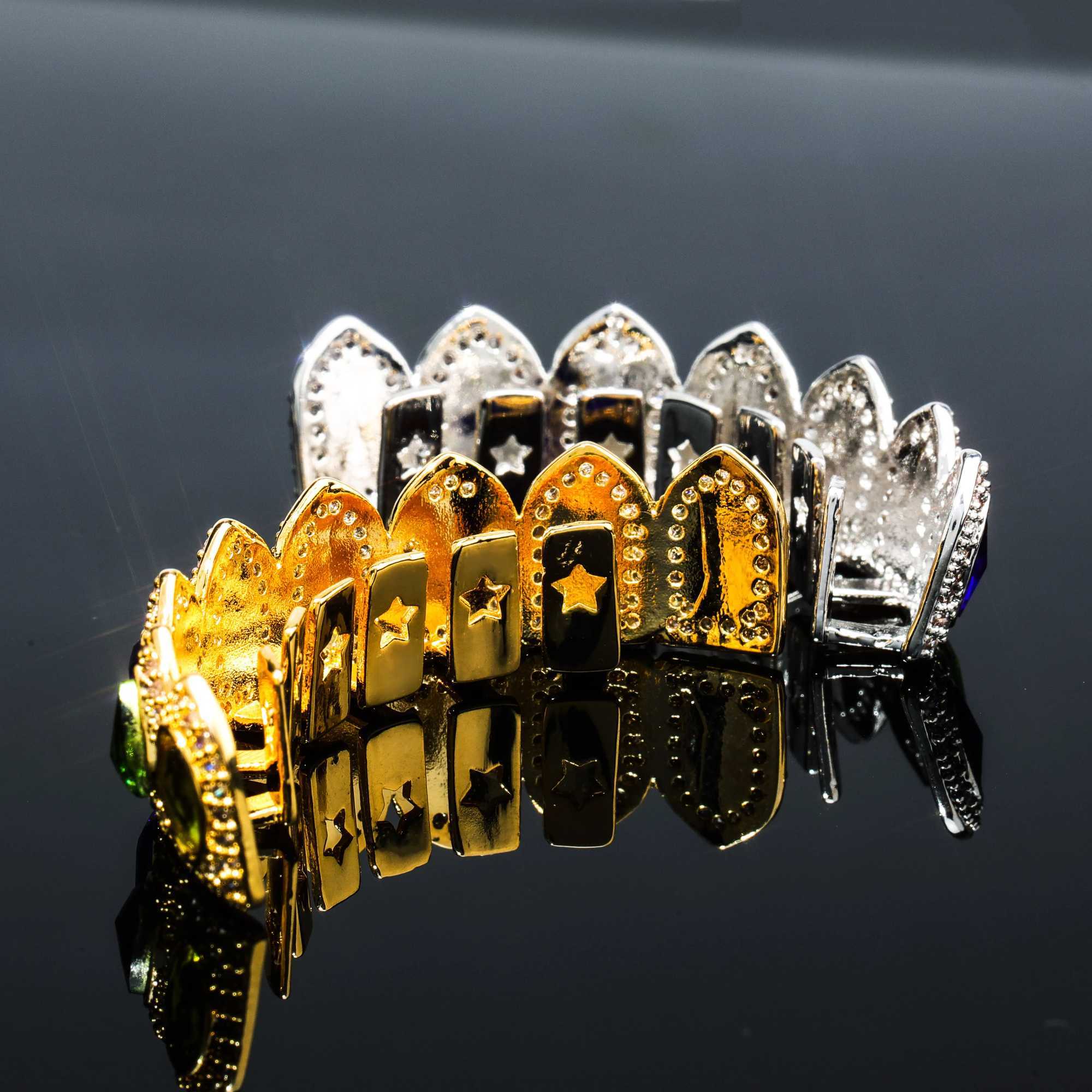 TOPGRILLZ Hip Hop Mens Top Bottom Teeth Gold Silver Color False Teeth Grillz Set Bump Latt Dental Grills For Bo Jewelry W241227