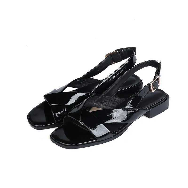 High Quality New Genuine Leather Shoes Women Low Heel Square Toe Casual Shoes Summer Comfortable Ladies Sandals Black Beige Size 35-42 T241227