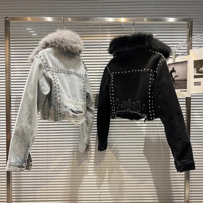 PREPOMP Winter Arrival Fox Fur Collar Rabbit Fur Rivets Ward Denim Jacket Women Short Coat GM164 241220