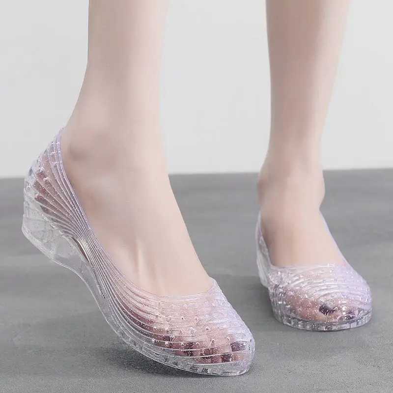 High Quality New Woman Shallow High Heel Crystal Shoes Womens Wedge Heel Sandals Jelly Breathable Slip-on mom Sandals T241227