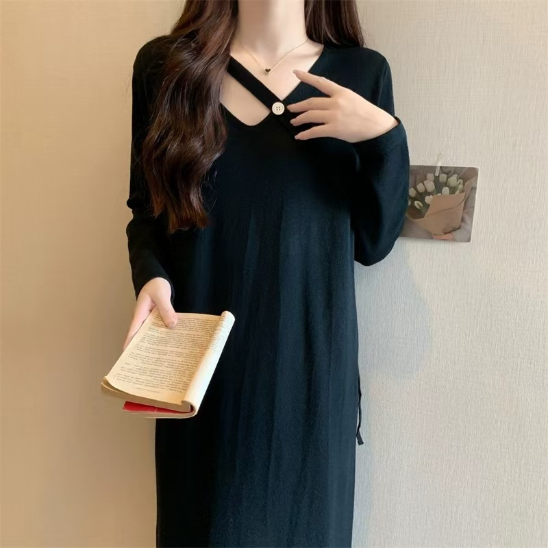 H826 Medium-length skirt with coat, fat mm looks thin and covers the belly with knitted dress