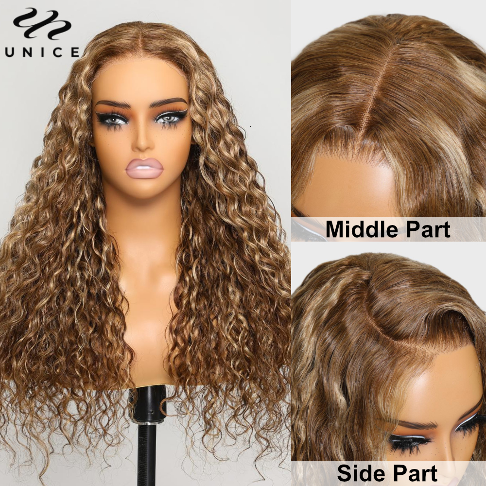 Unice Cut Pre Bleached 7X5 Water Wave Honey Blonde Highlight Human Hair Glueless Wig Ready To Wear 150% Density
