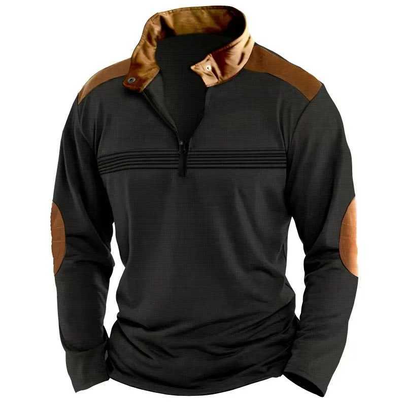 2025 Cross-border Mens Patchwork Pullover Zipper Solid Color POLO Shirt Zipper Long-sleeved Sports Polo Shirt Crazy Street Casual W250616