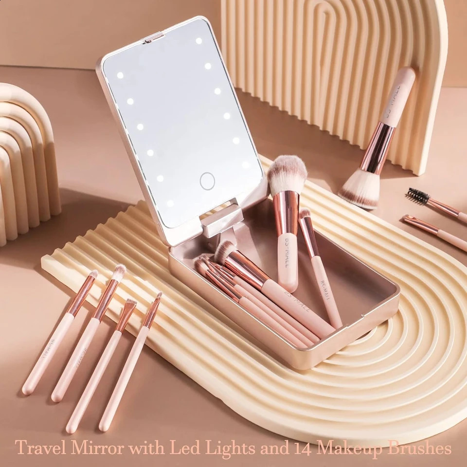 Versatile Makeup Brush Set with Mini LED Light Mirror - for Daily Use or Travel - Ultra-soft Synthetic Bristl 241223