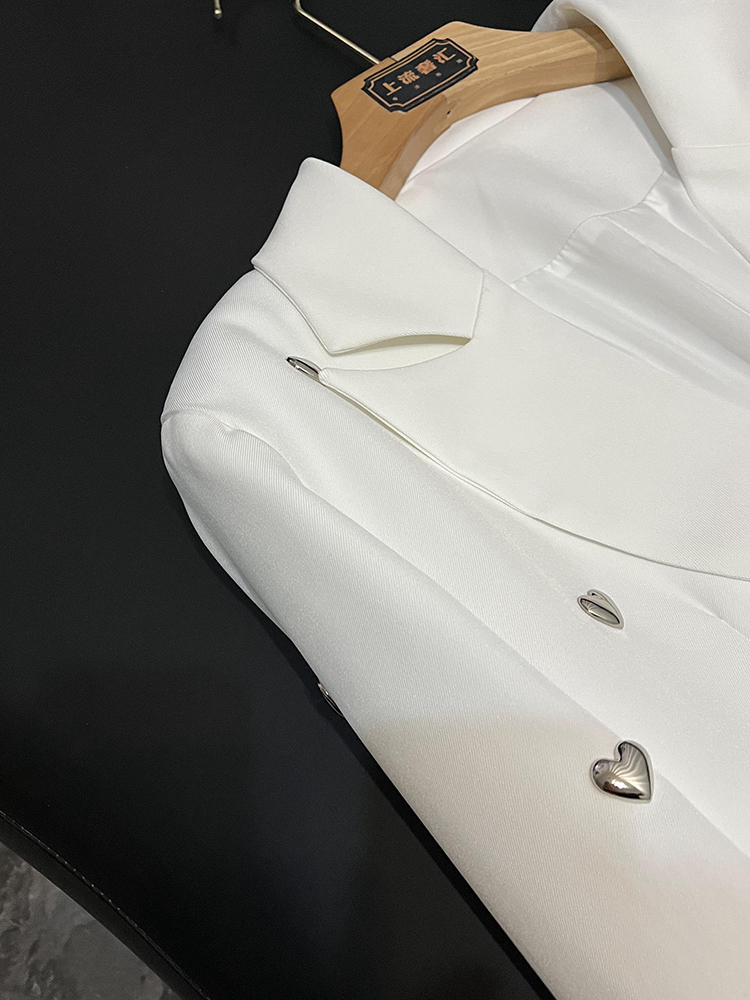 2025 Spring White / Black Solid Color Hearts Panelled Blazers Long Sleeve Notched-Lapel Single-Breasted Loose Outwear Coats O4D276542 Check Size Chart