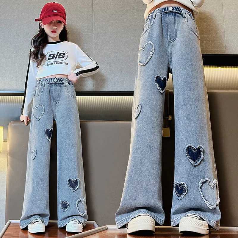 Girls Denim Wide Leg Pants with Heart Design Big Flare Pants Loose Jeans For Girls Casual Children Spring Childrens Clothes W241227