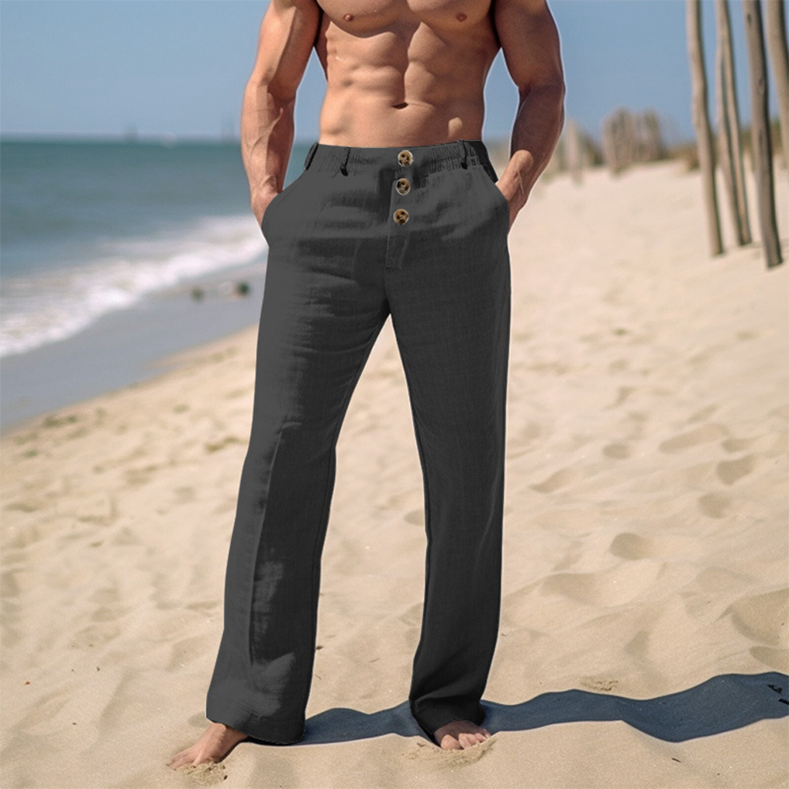 Cotton en Casual Pants For Men Solid color Buttoned Loose Comfort Ventilate Long Trousers Spring Summer Beach Pant Streetwear