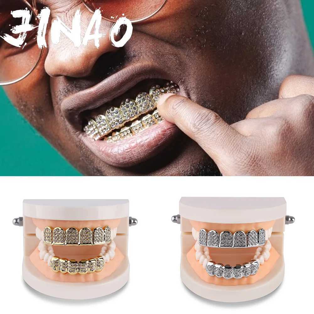 JINAO New 2024 Hip Hop Full D OUT 6-Tooth Set Grilz Mens Up and Down Barbecue Punk Rper Halloween FLame Cosplay W241227