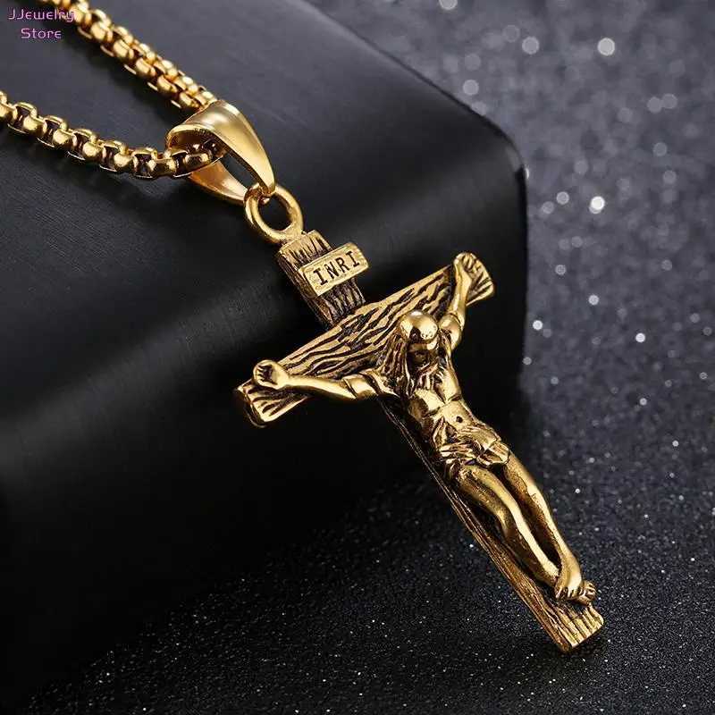 Fashion Crucifix Jesus Christ Men Jewelry Gold Brown Silver Color Metal Cross Pendant With Neck Chain Necklaces For Man WomenXJ241227