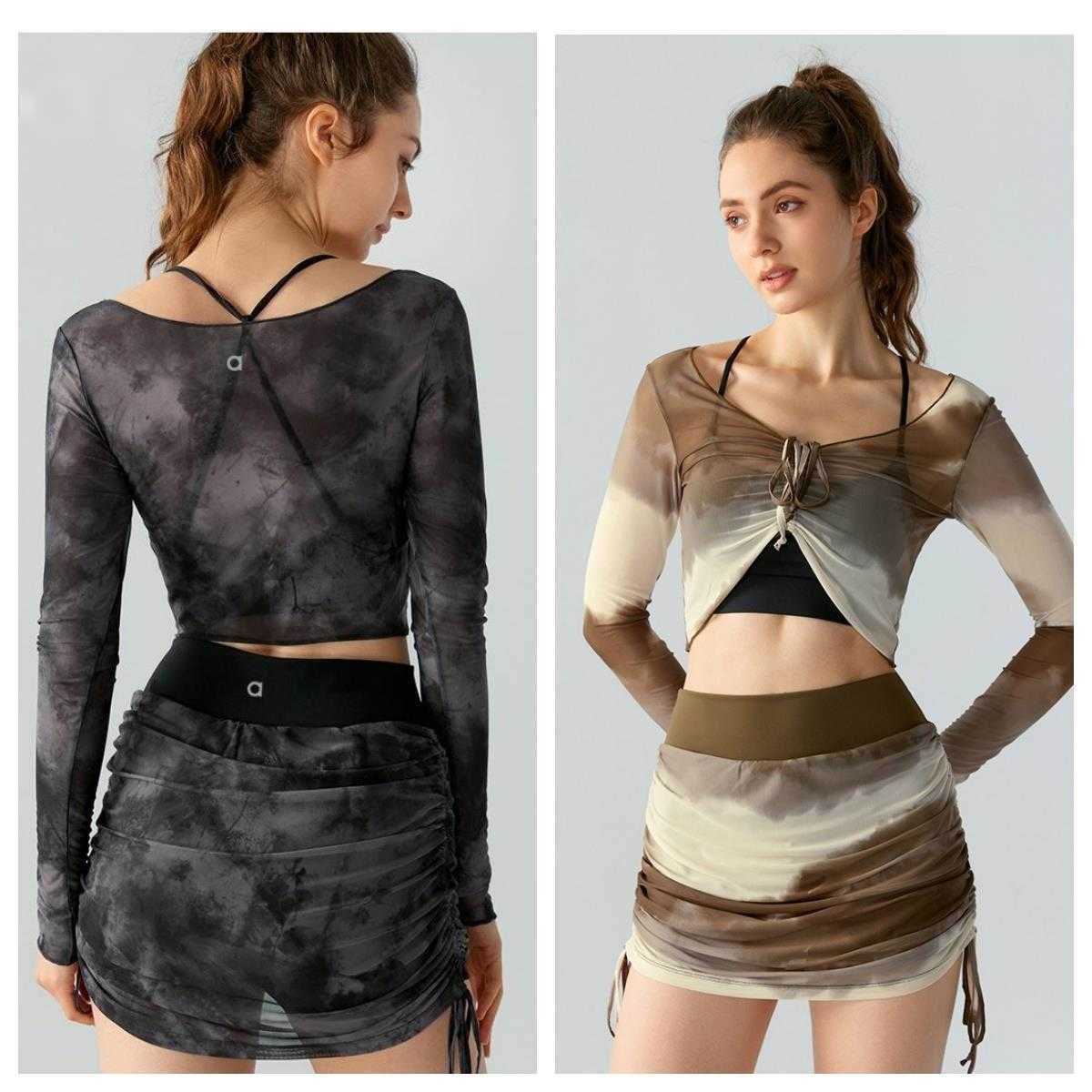 2025--Women Yoga Long Sleeve Shirts+Short Skirts Set Yoga Outfit Fitness Suit Top Printed Gauze Sports Shirts Sports Shaping Waist Tight Fitness Sport