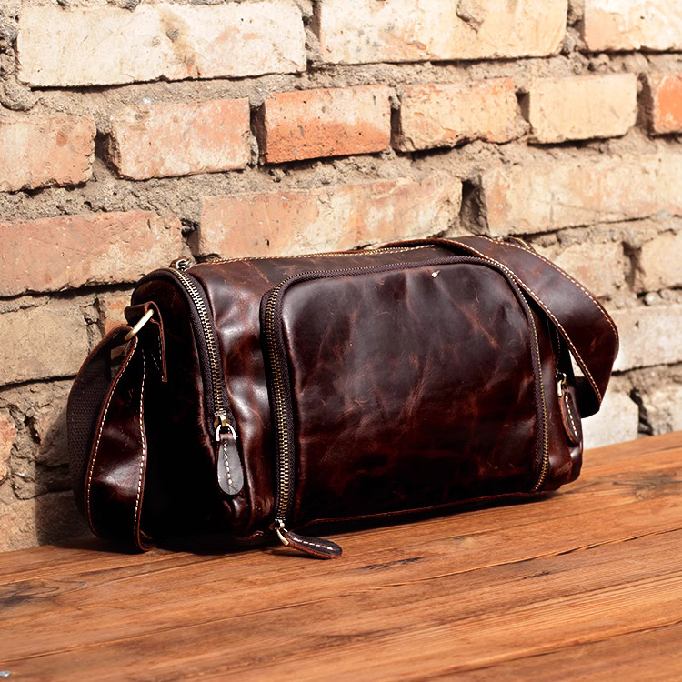 Men's new top layer cowhide horizontal genuine women's crazy horse leather shoulder crossbody bag, handmade, personalized and casual