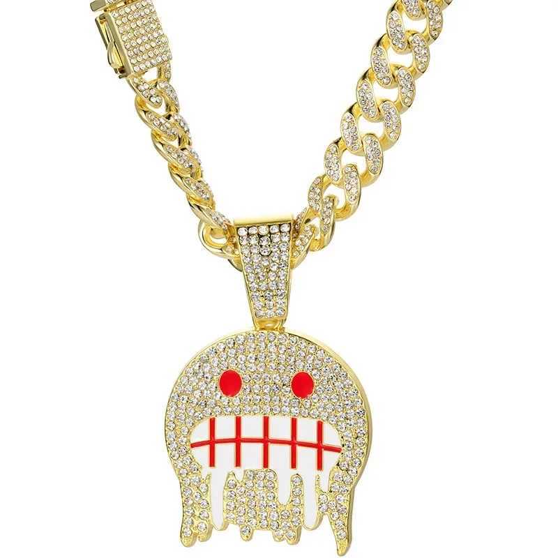 Men White Blue Cubic Zirconia Paved Hip Hop Round Face Pendants Necklaces with Cuban Chain d Out Bling CZ Fashion Boy JewelryXJ241227