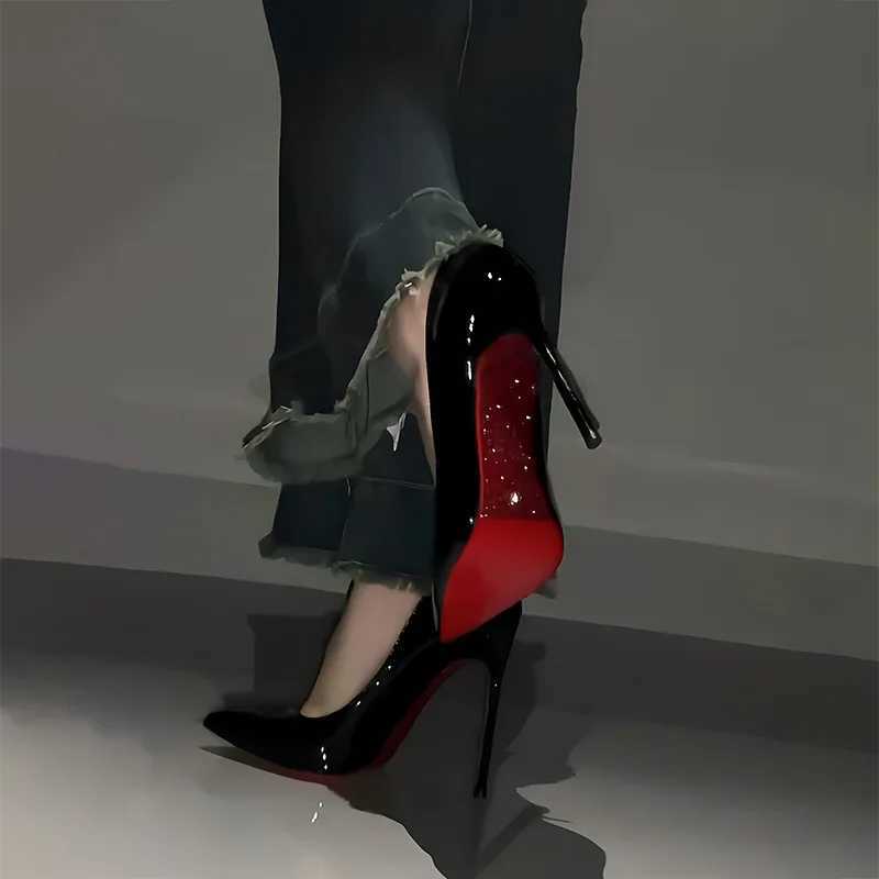 New Brand Quality Pumps Wen High Black Patent Leather Pointed Toe Thin Heel Wedding Party Shoes Sexy Wan Sandals Z241227