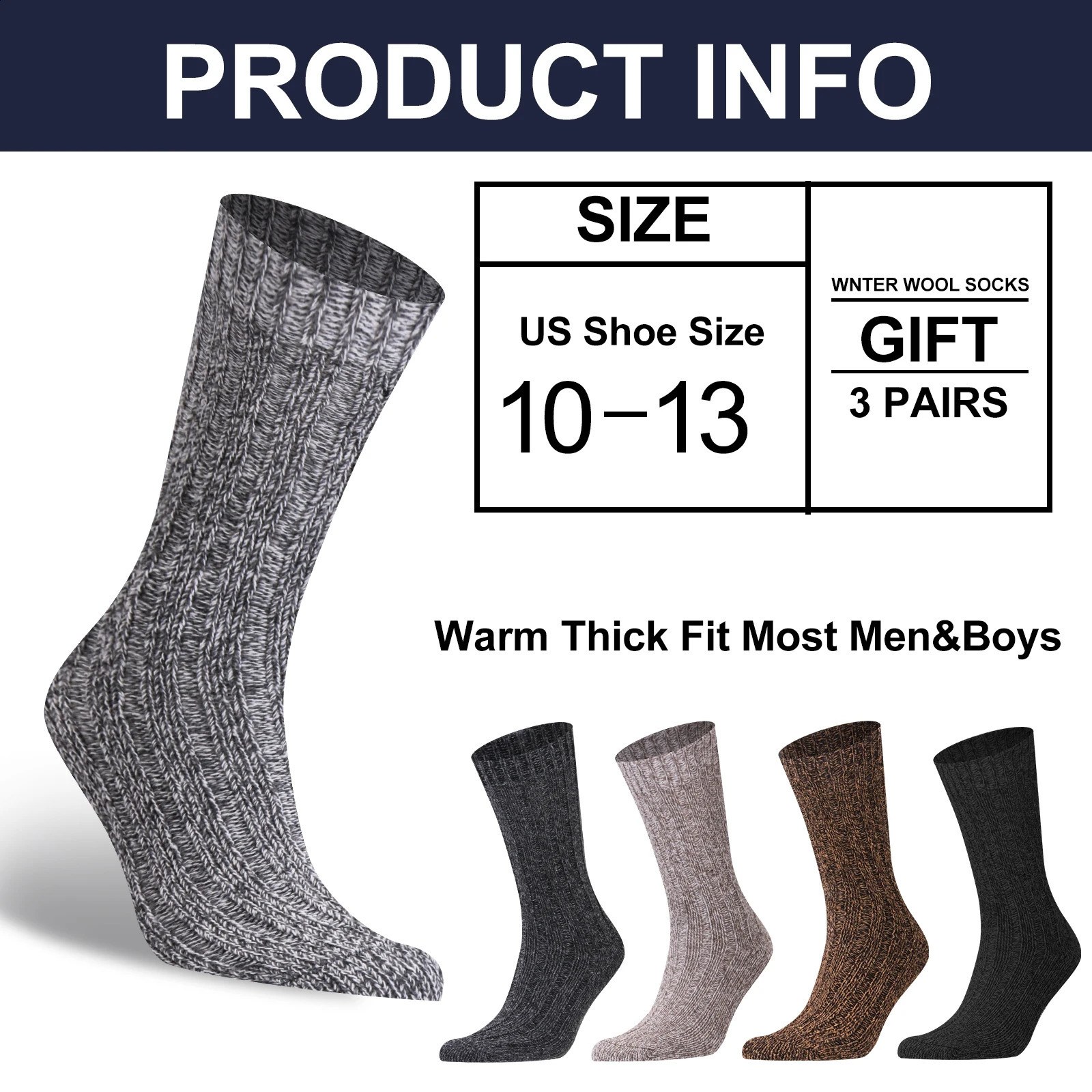 3 Pairs Men Socks Winter Thermal Warm Thick Knit Soft Classical Business Vintage Traditional Casual Crew Boot Socks Gifts 241226