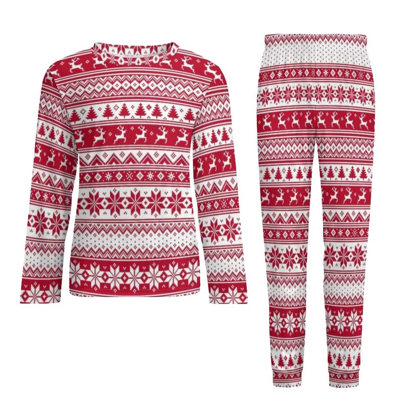 Nordic Christmas Pajamas Daily Two Piece Vintage Print Kawaii Pajama Sets Male Long-Sleeve Casual Graphic Nightwear 3XL 4XL 5XLXJ241227