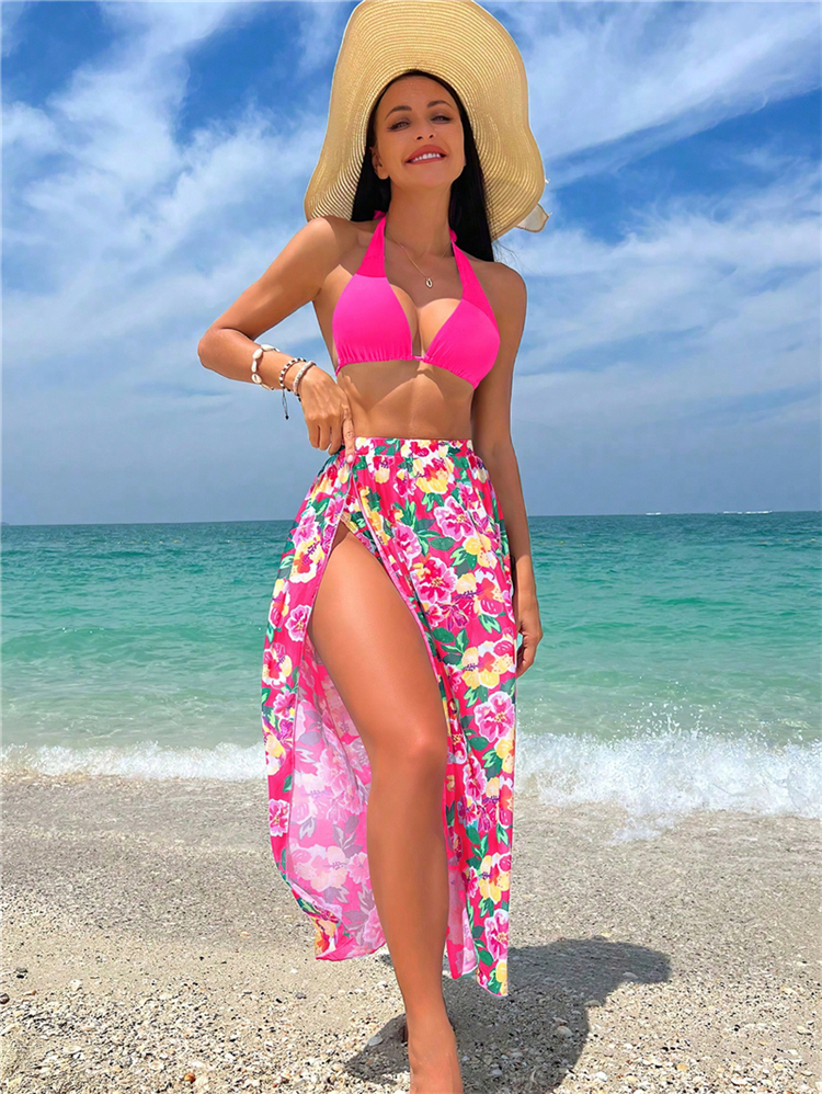 Boho 3 pièces Bikini Femmes Swimsuit Brésilien Brésilien Bikinis Ensemble avec des jupes longues florales Girl Beach Cover Up Bathing Femed Bathe
