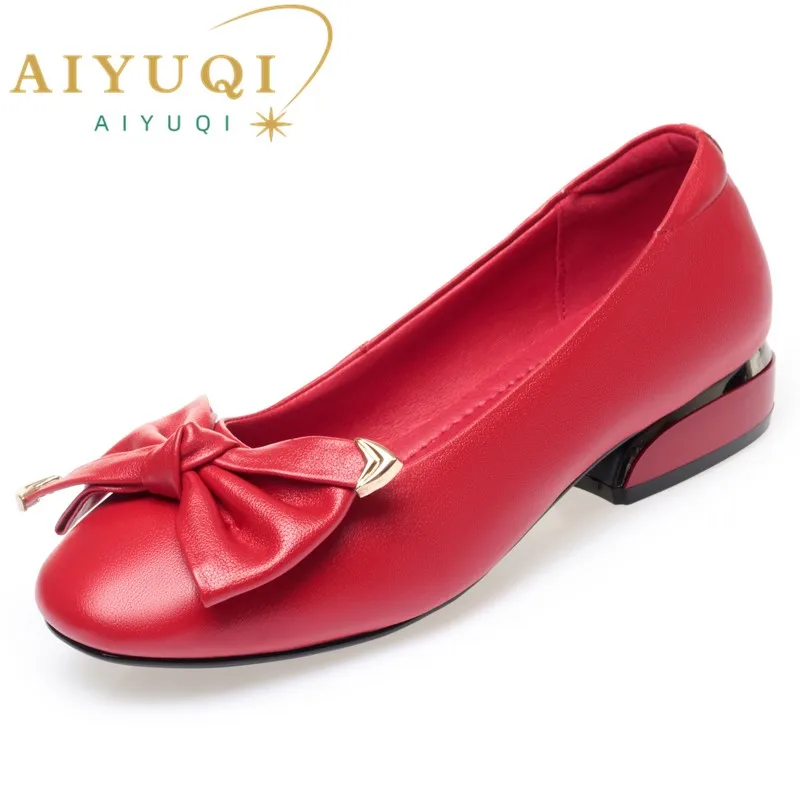 AIYUQI Women's Spring Shoes Genuine Leather Mid-heel Red Shoes Women Round Toe Shallow Bow Women Shoes