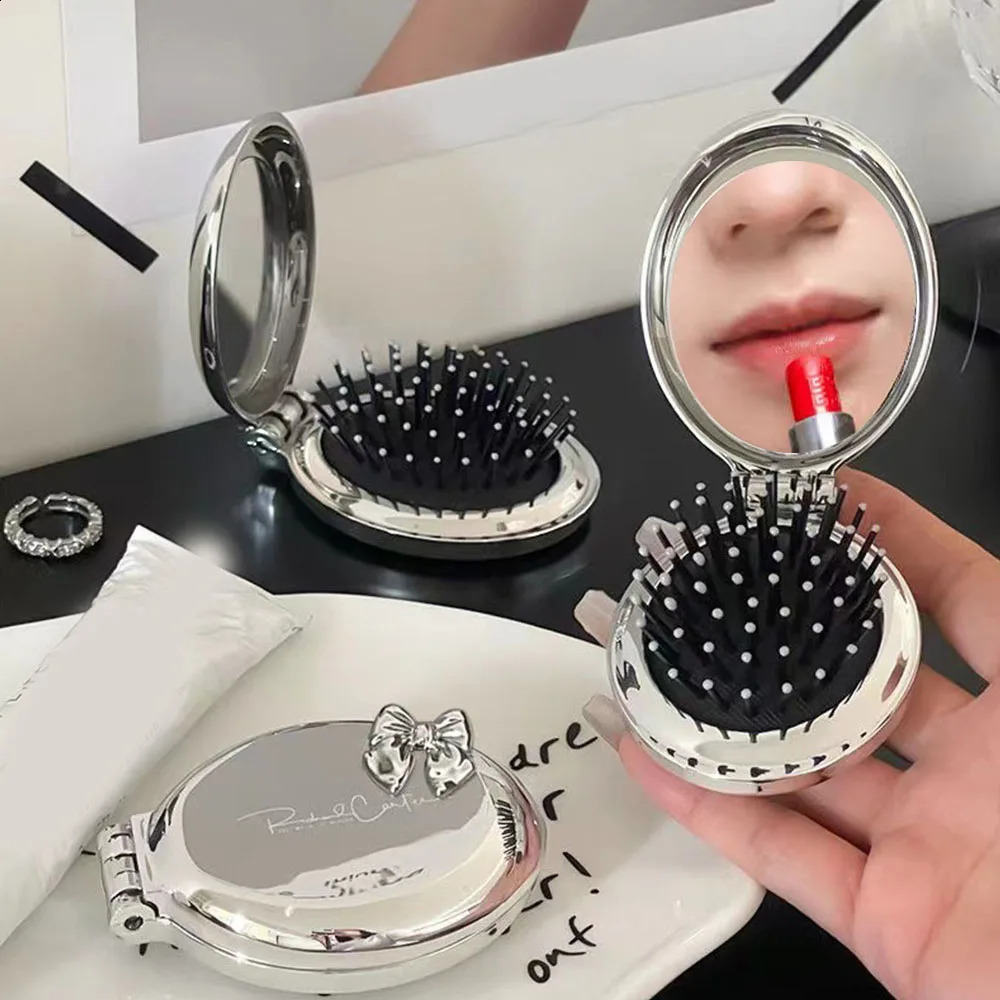2 In 1 Creative Folding Hair Comb With Mirror For Girls Portable Pocket Size Scalp Massage Comb Mini Hair Brush Styling Tool 250103