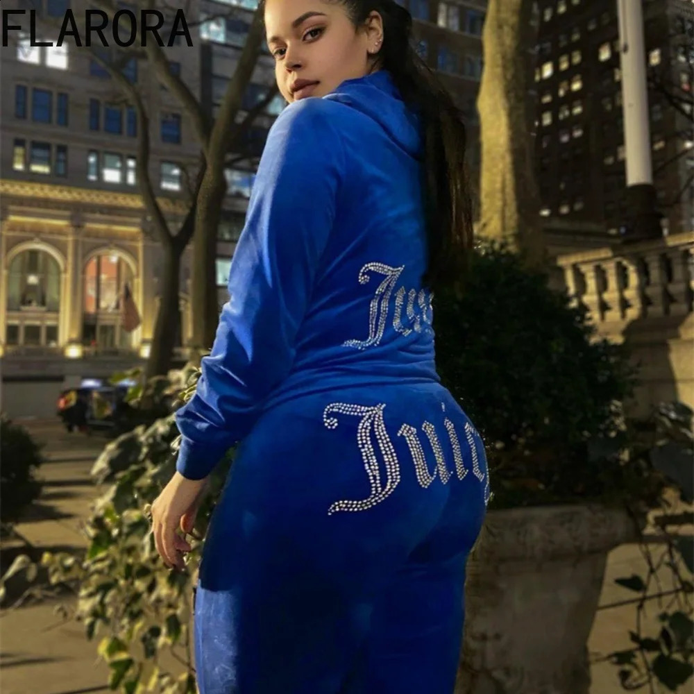 FLARORA Fashion Y2k Diamond Two Piece Sets Woman Long Sleeve Zipper Hoodie Jacket Coats And Pants Suits Casual Street Tracksuits 241224