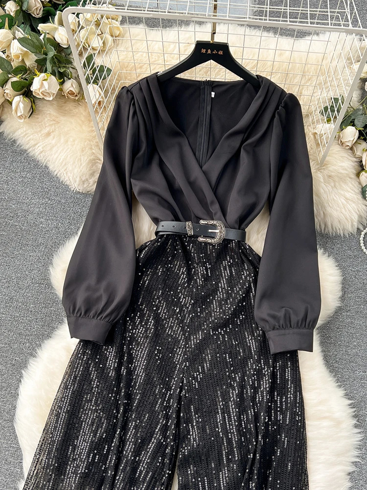 EWQ elegant style chic jumpsuit women fake two piece patchwork sequins with belt high waist jumpsuits winter spring 241224