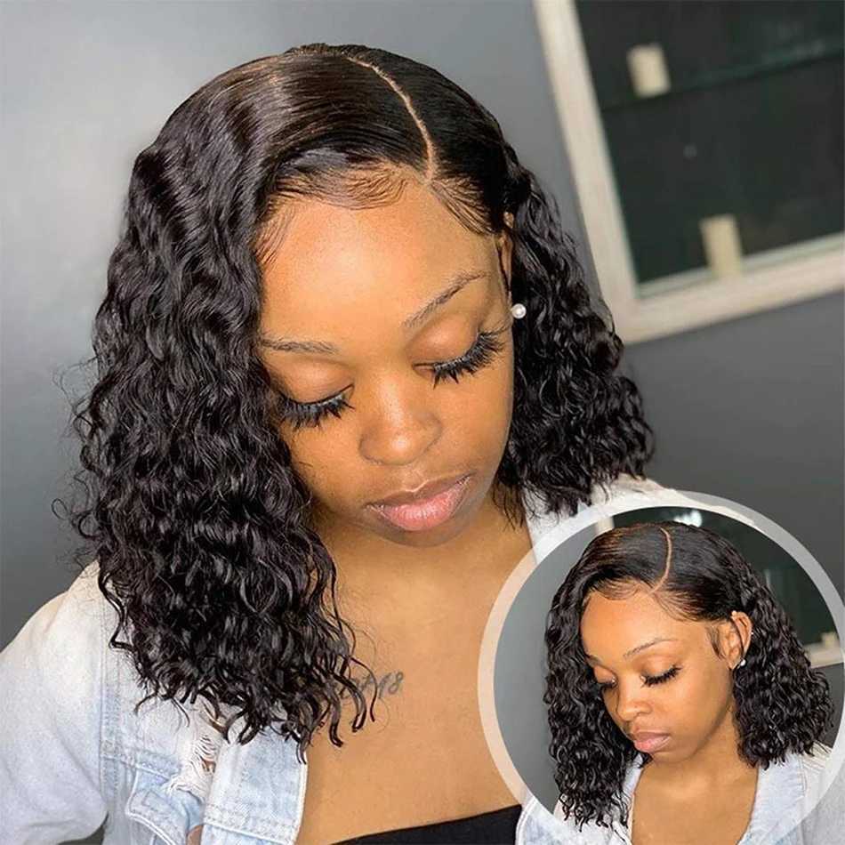 Wear And Go 13x4 Deep Wave Human Hair Short Bob Wigs For Women Ready To Go Glueless Kinky Curly Lace Front Wig Pre Cut No LaceXJ241227