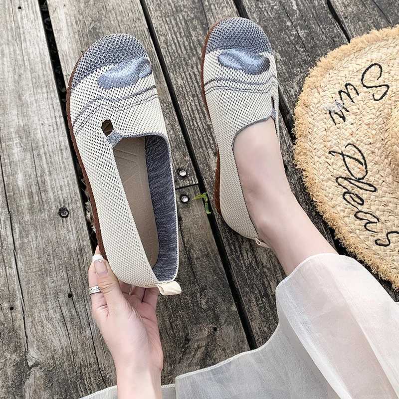 High Quality Loafers Womens Square Toe Breathable Slip on Square Toe Mesh Women Flats Shoes Soft Bottom Knit Ballet Flats Shoes T241227