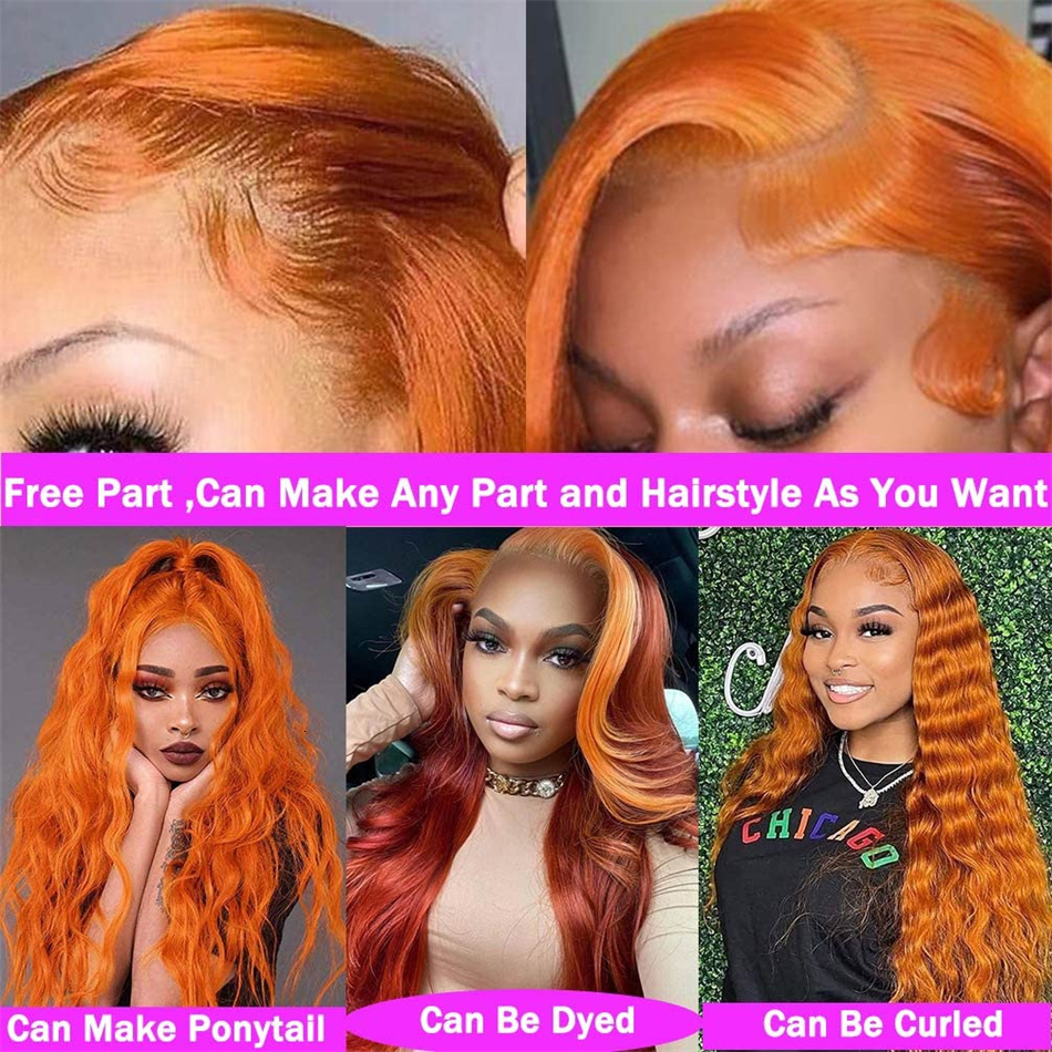 HD 13X6 Orange Ginger Front 100% 13X4 Body Wave Lace Frontal Pre Plucked Colored Human Hair Wig On Sale
